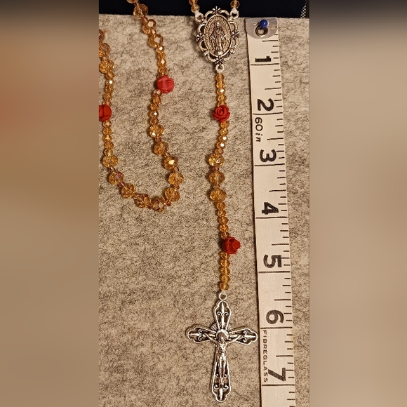 Rosary Necklace made of Golden Crystals and red Rose beads. - Picture 6 of 6